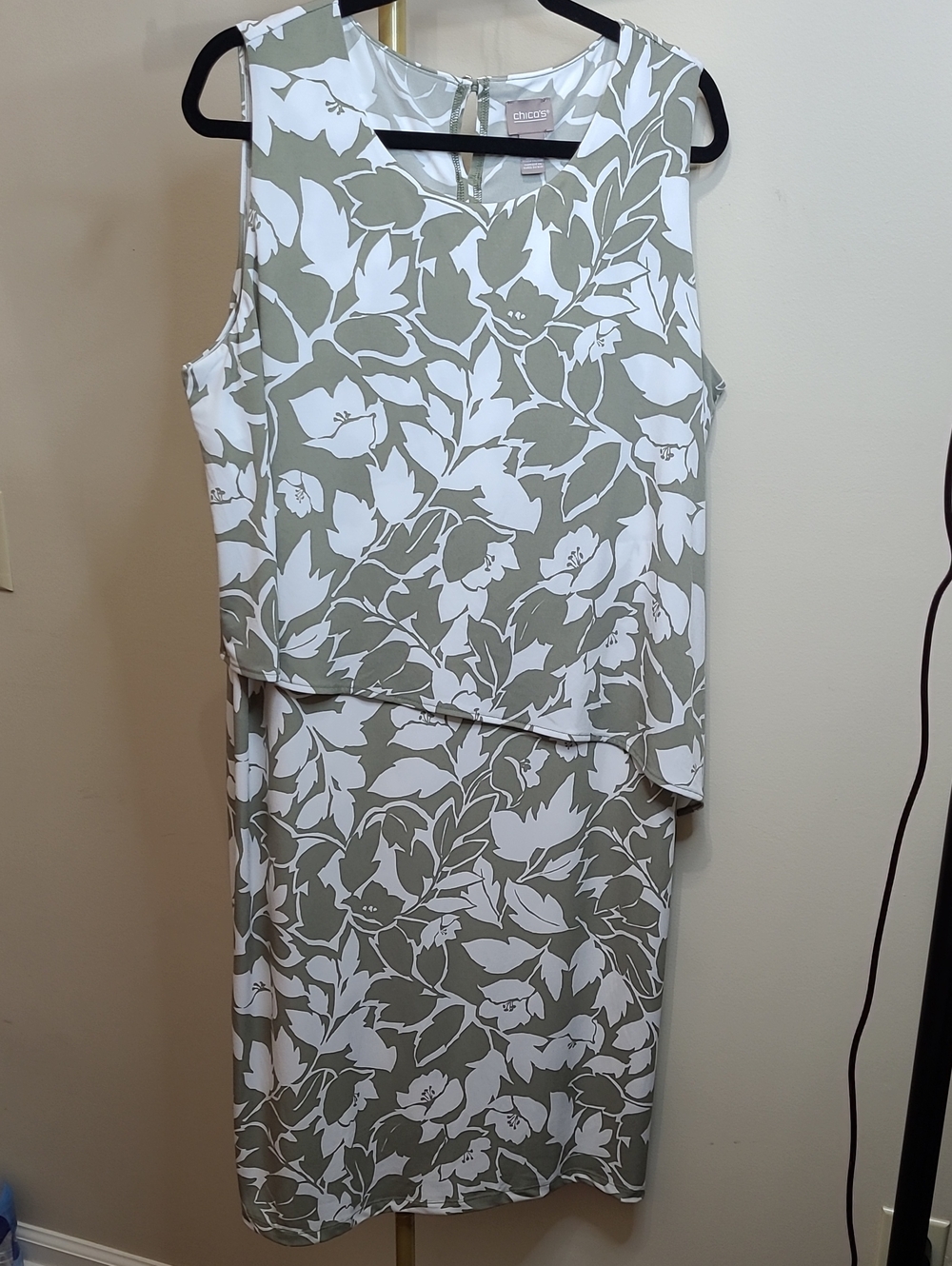 Chico's Olive Green & White Floral Layered Midi Dress size 3 (XL)
